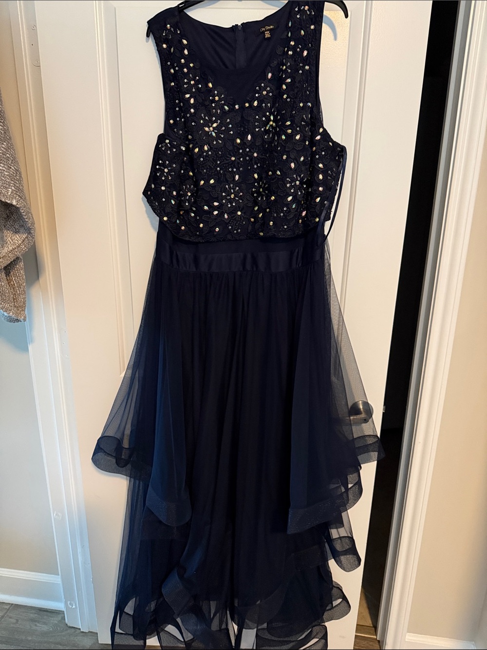 City Studio Navy Embellished Tulle Gown